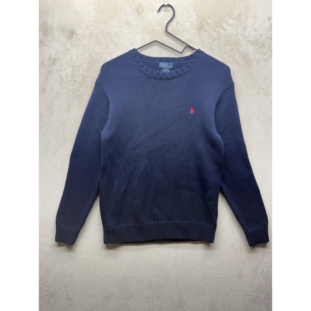 VTG 90s Polo Ralph Lauren Cable Knit Sweater Mens L Navy Blue Cotton Crew Neck